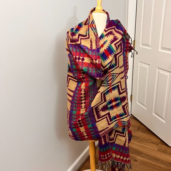 Mexicali Blues Reversible Tan Purple Western Indian Aztec Blanket Scarf - Picture 12 of 14